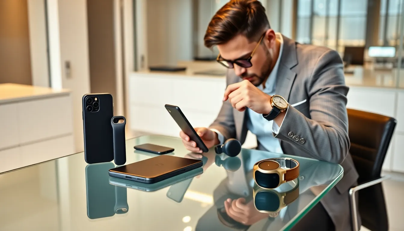 individual showcasing luxury tech accessories in a modern office.