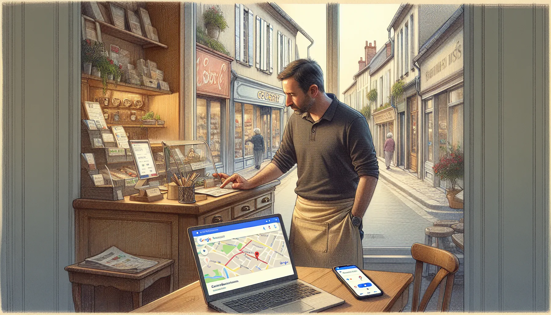 French shop owner in Courtry viewing missing business in Google local search results.