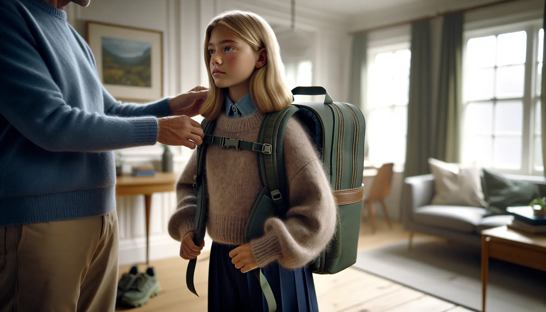 Parent adjusting ergonomic backpack on norwegian schoolgirl with sustainable clothes and supplies.