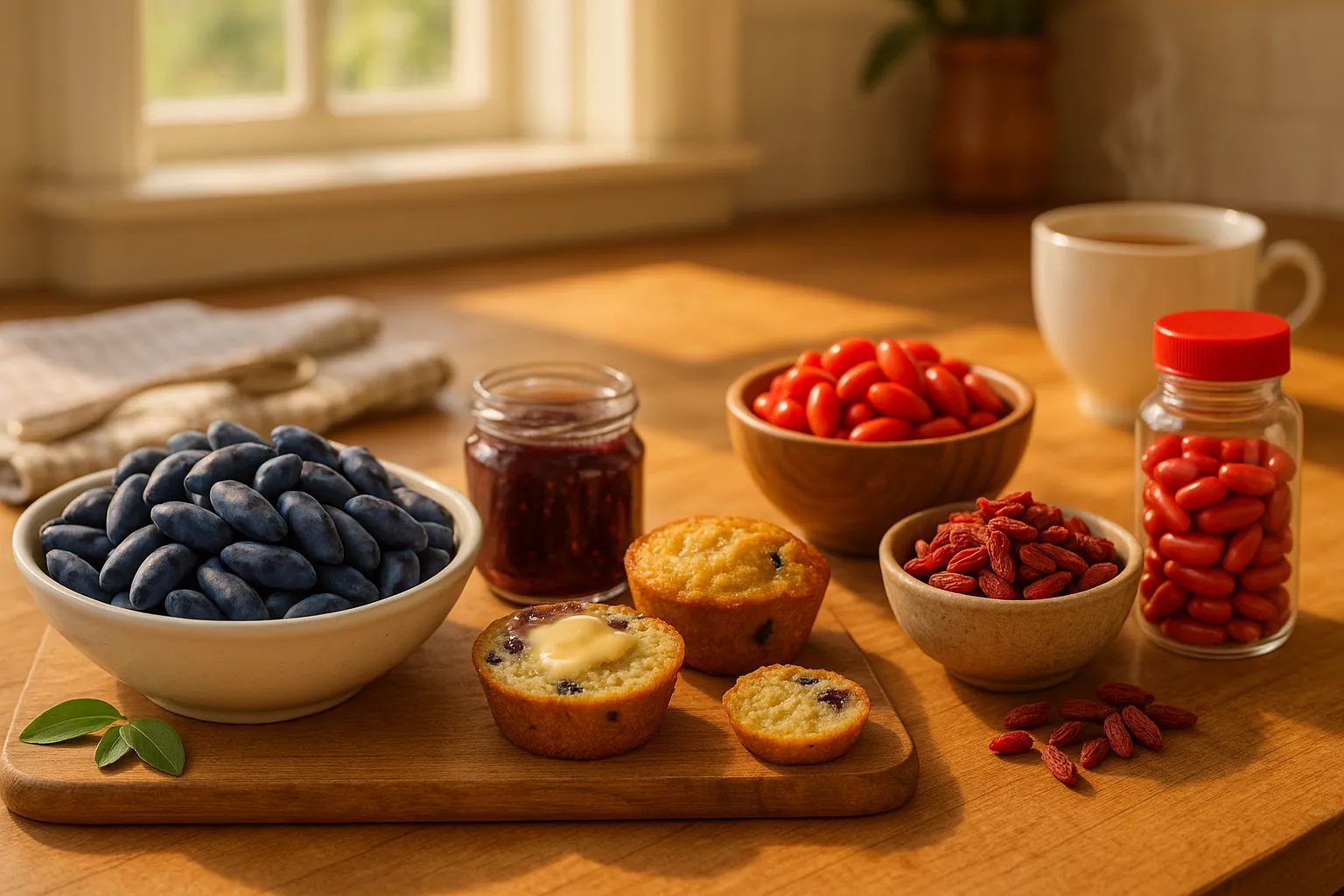 Close-up comparison of fresh honeyberries and fresh plus dried goji berries on a kitchen counter.