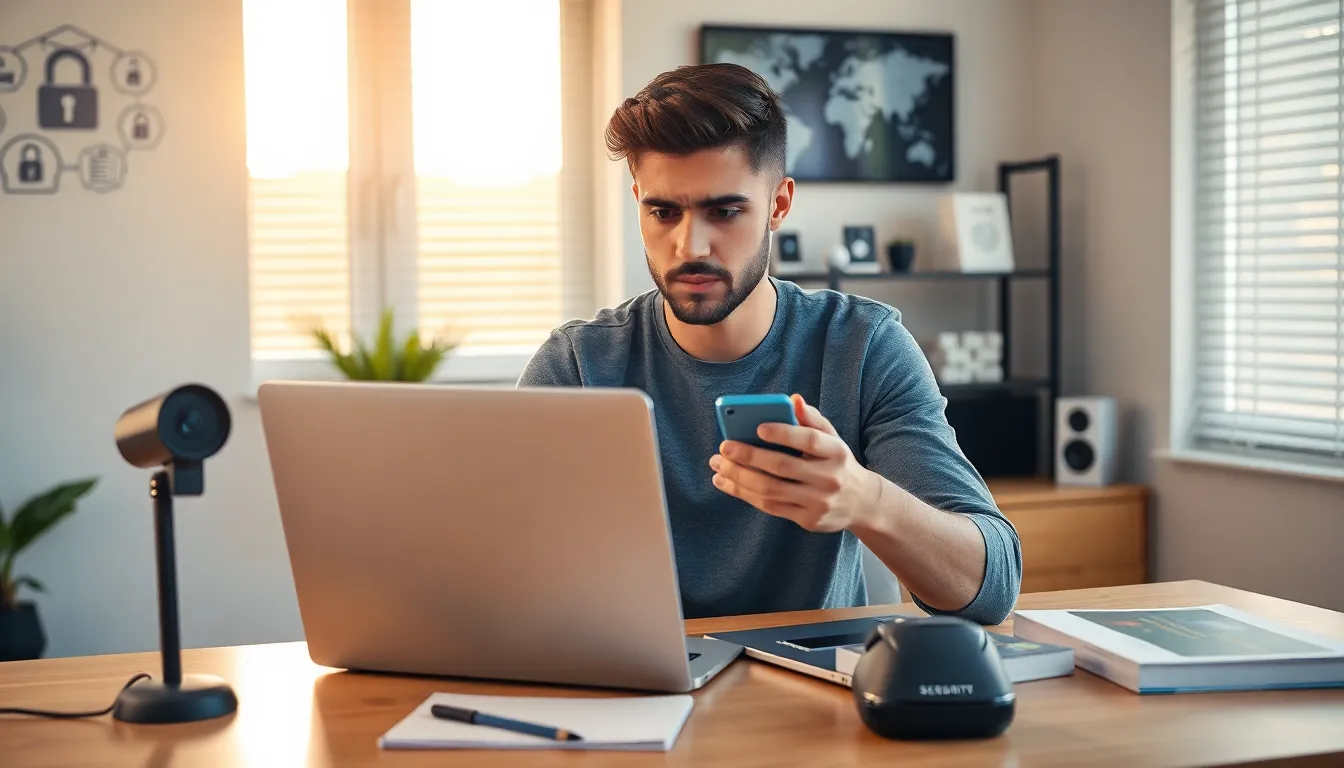 a young person in a home office worried about online security threats.