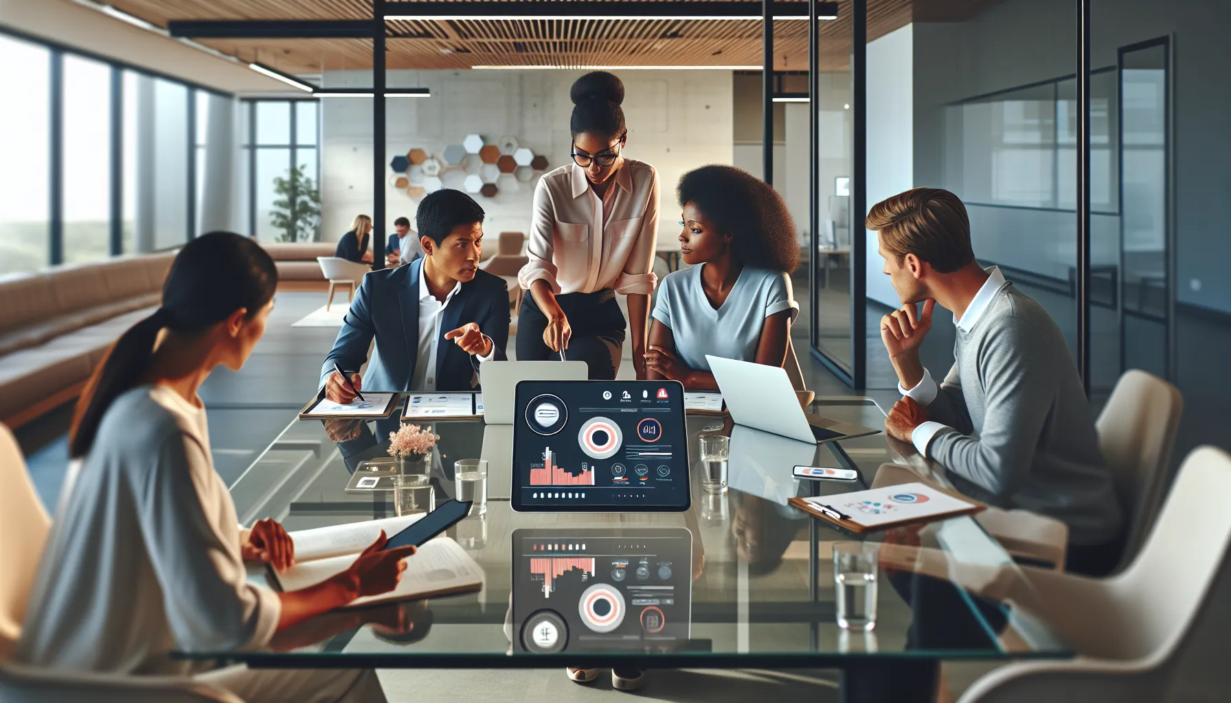 diverse team collaborating in a modern office around Adminpayout.com interface.