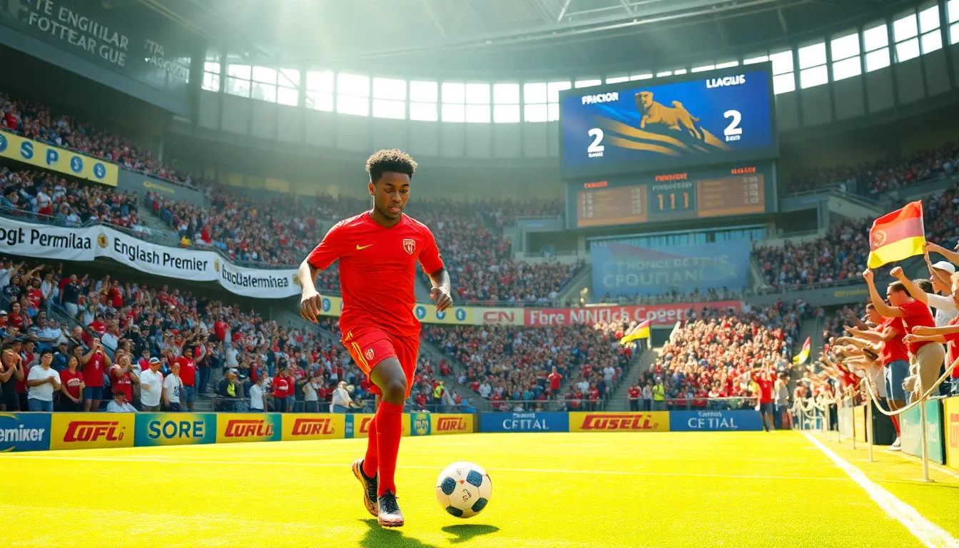 A young football player dribbling in a packed stadium with cheering fans.