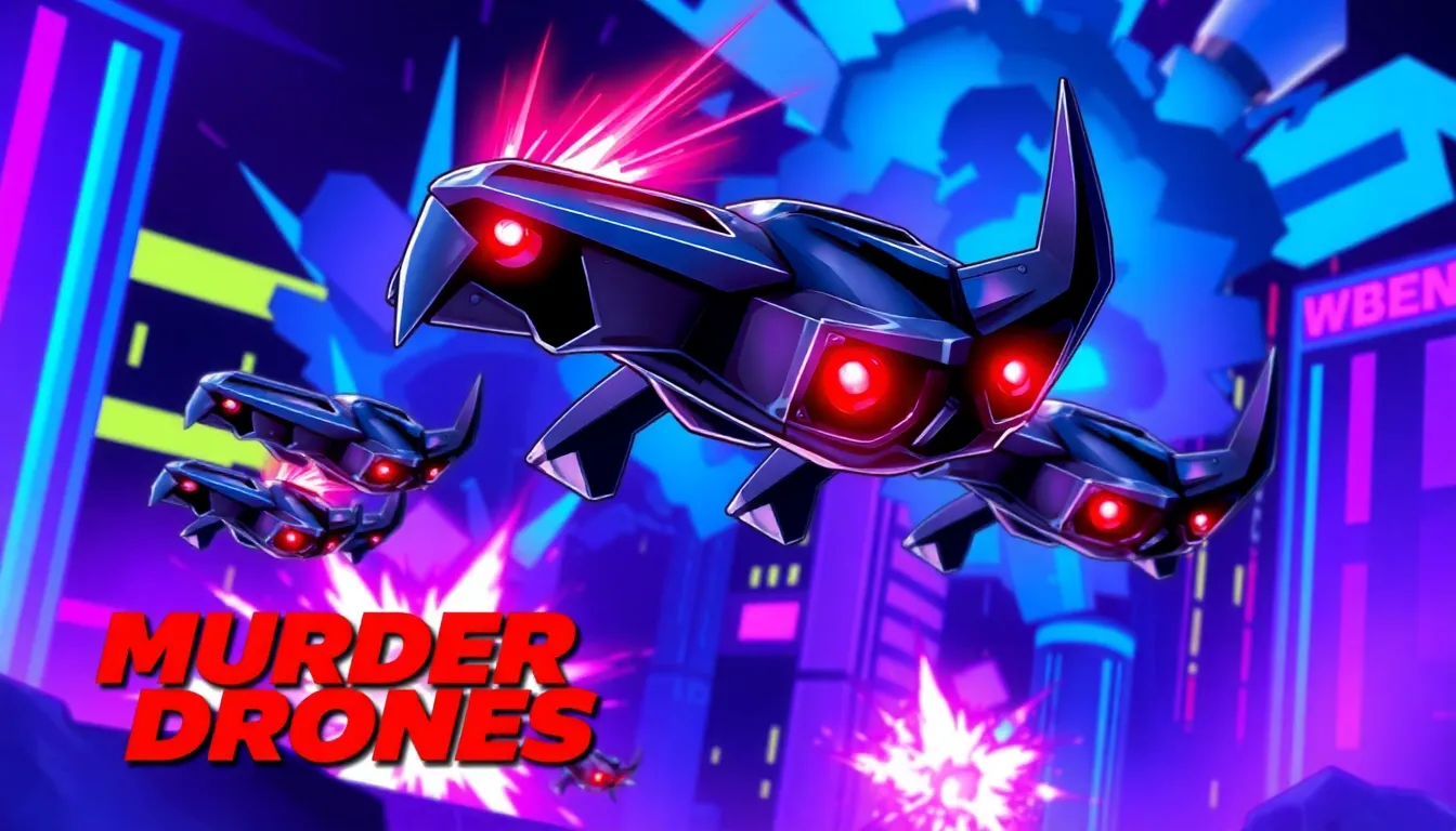 Murder Drones in a vibrant, futuristic cityscape wallpaper.