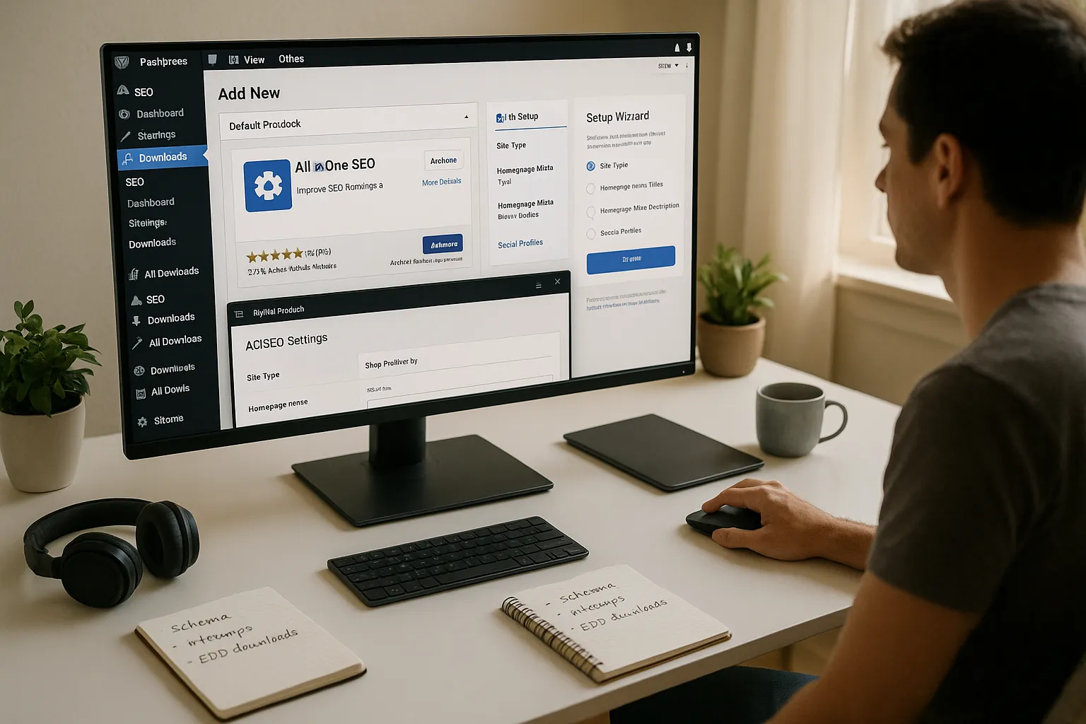 Person configuring All In One SEO plugin for Easy Digital Downloads in WordPress.