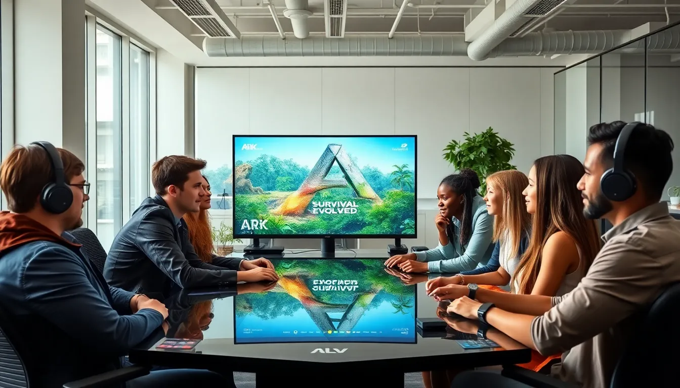 diverse group of gamers strategizing in a modern workspace.