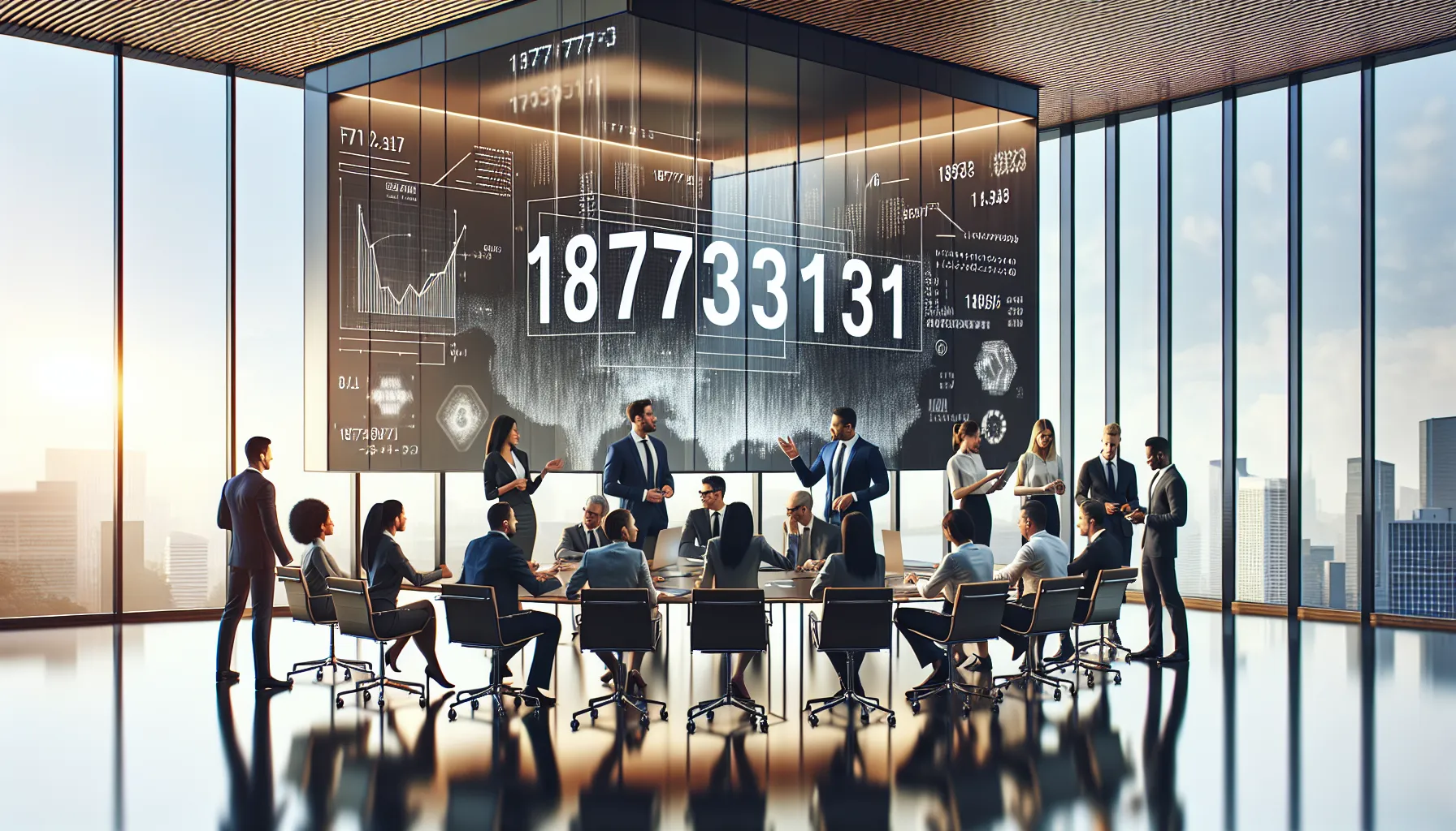 professionals collaborating in a modern office, focusing on unique number identification.