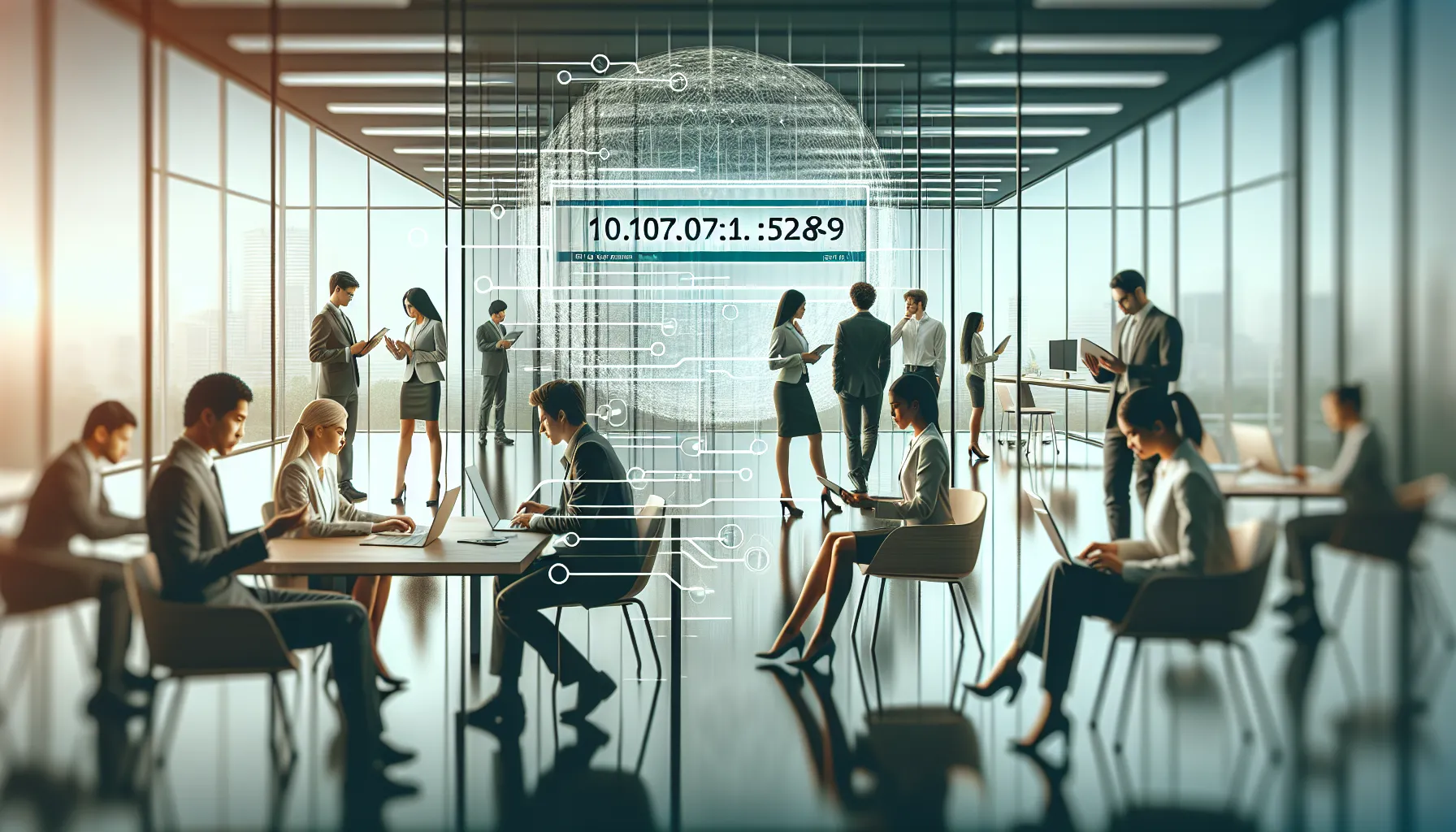 professionals collaborating in a modern office with a focus on IP connectivity.