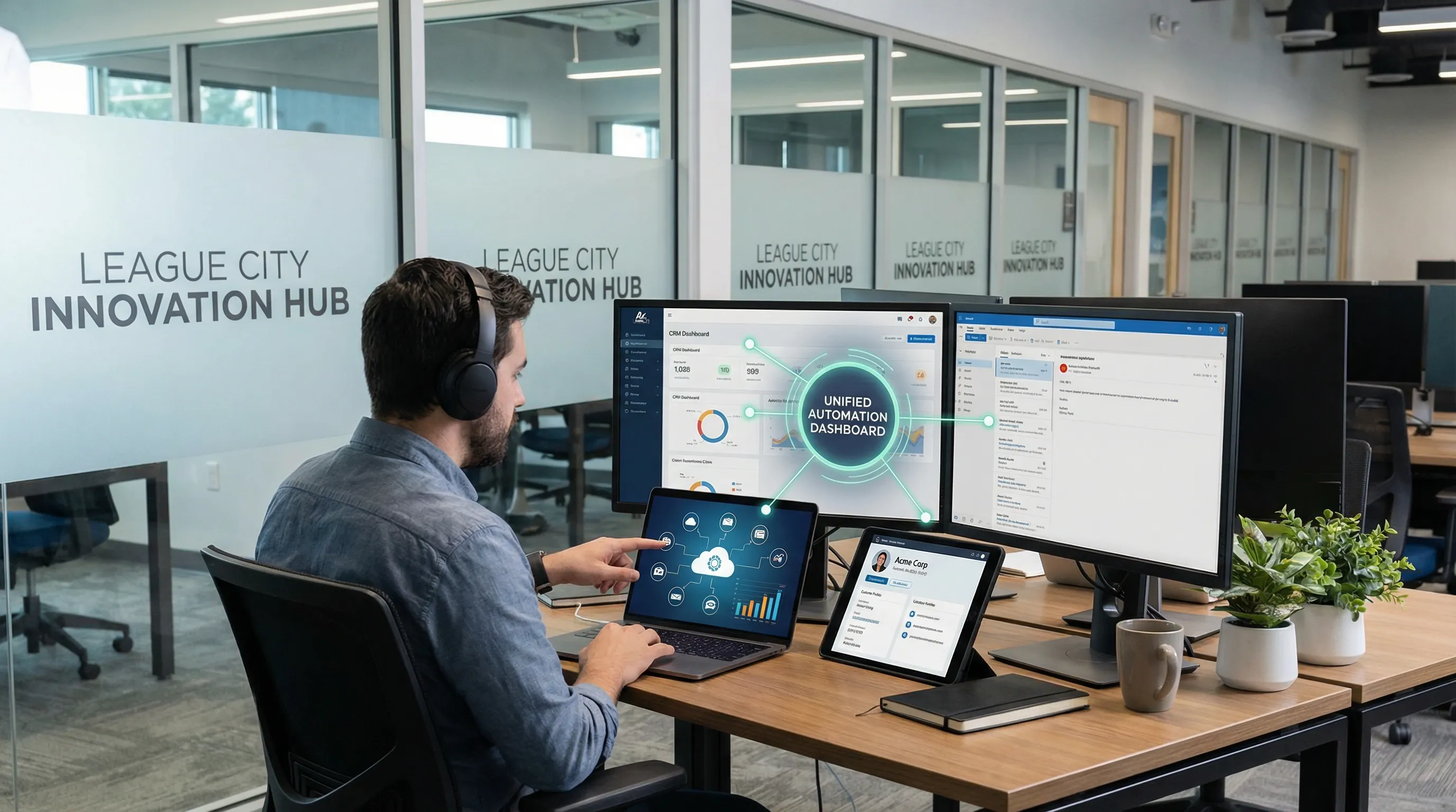 League City office employee at a desk viewing integrated screens that show CRM, email, and business apps connected through one automation dashboard.