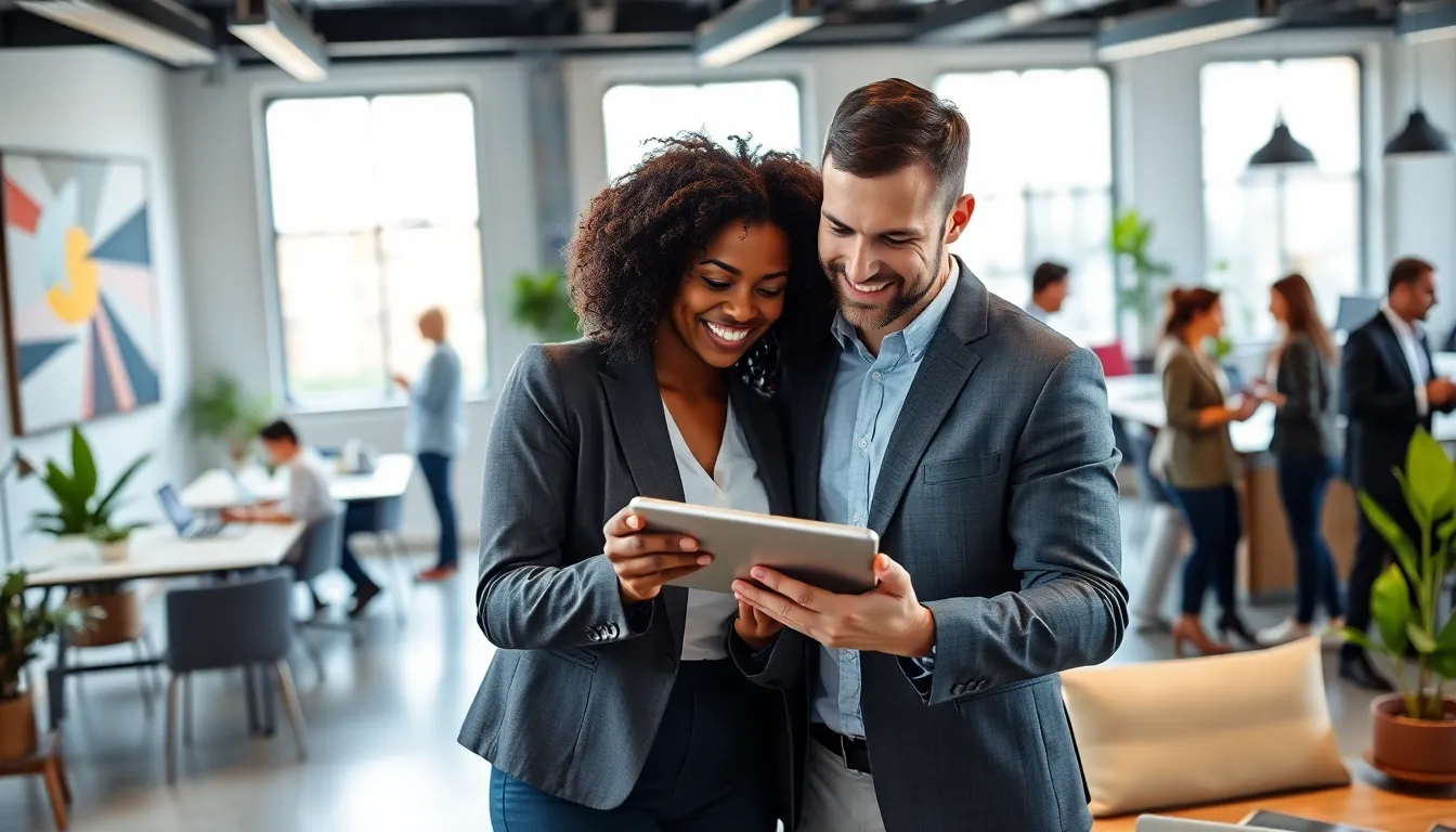 diverse professionals using mobile apps to enhance employee engagement.