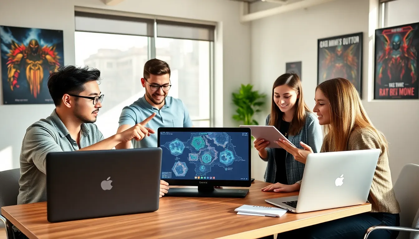 diverse team collaborating in a modern office for a gaming raid strategy.
