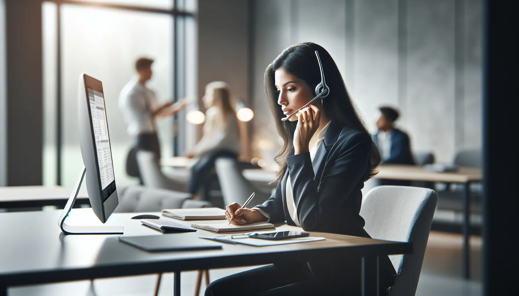 customer service representative on a call in a modern office.
