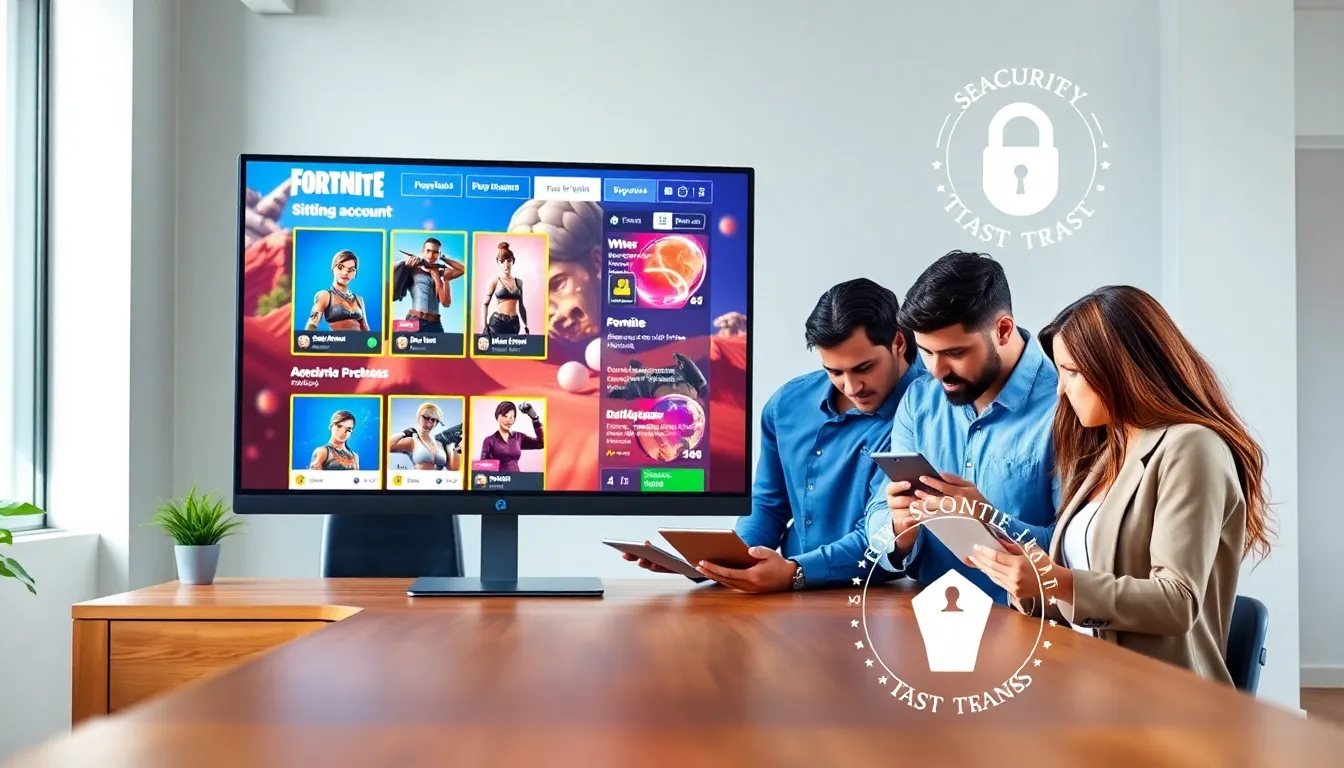 Professionals reviewing Fortnite account listings on a marketplace platform.