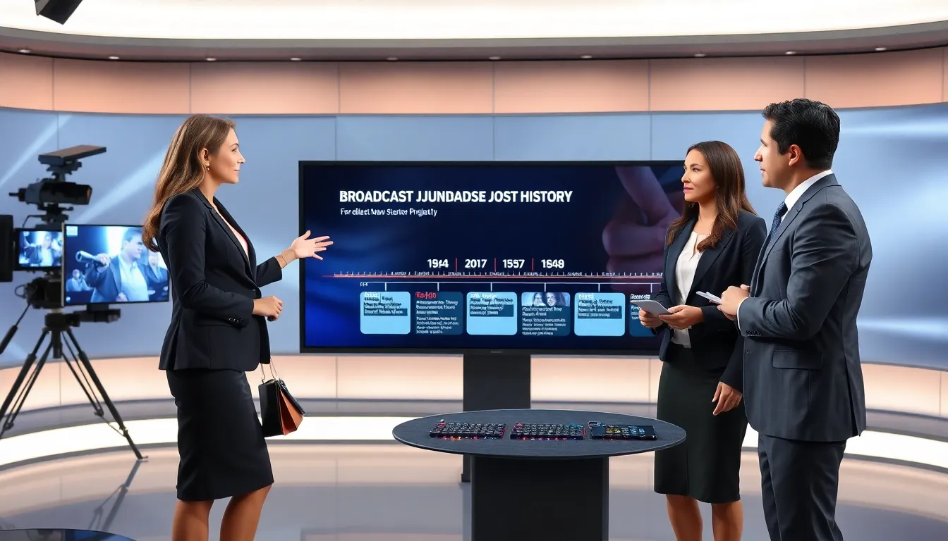 Diverse journalists discussing broadcast journalism in a modern studio.