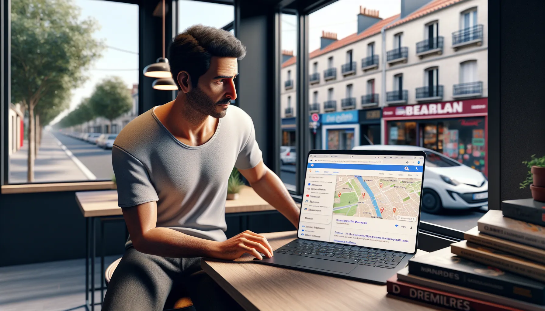 Local shop owner in Drancy optimizing Google visibility on a laptop inside his store.