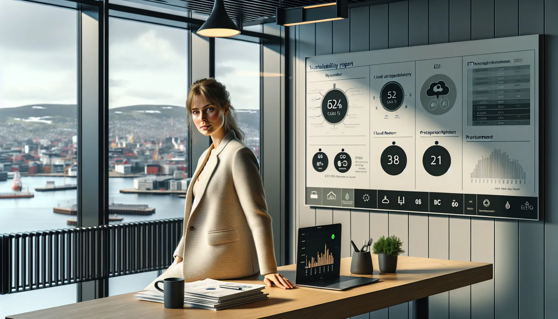 Norwegian it lead reviews sustainability dashboard and system map in oslo office.