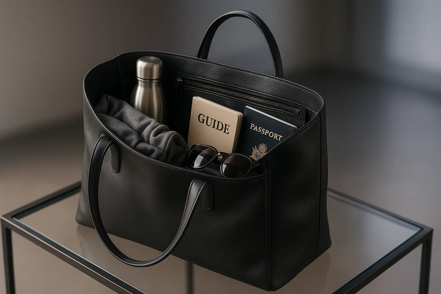 Elegant leather tote with travel essentials on a modern table.