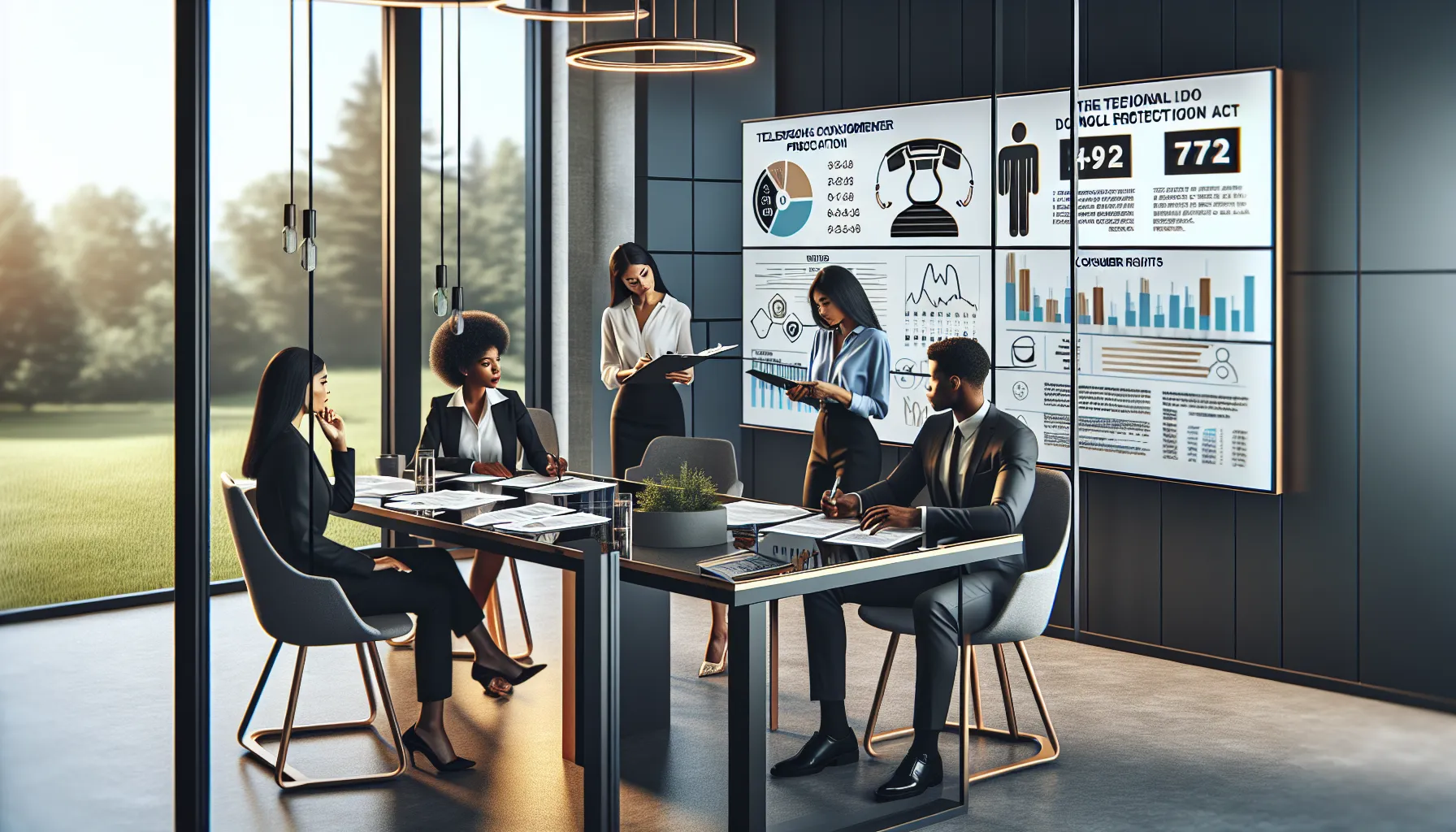 diverse professionals discussing telemarketing regulations in a modern office.