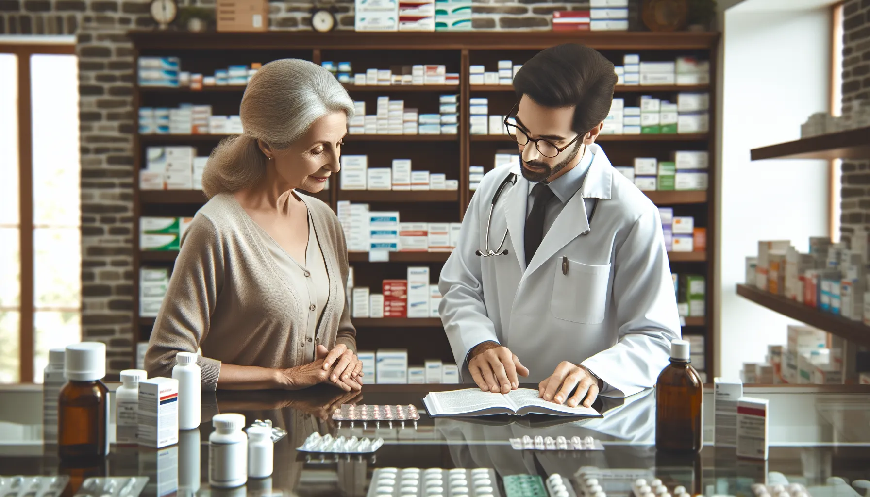 A pharmacist and customer discussing ibuprofen and naproxen in a modern pharmacy.