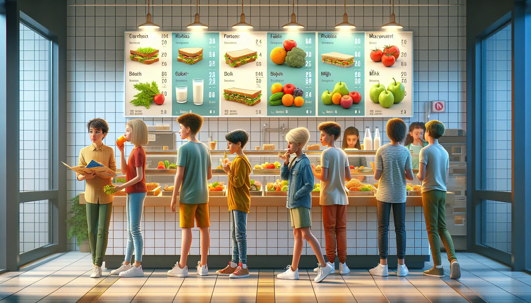 Croatian students choosing healthy foods in a school cafeteria.