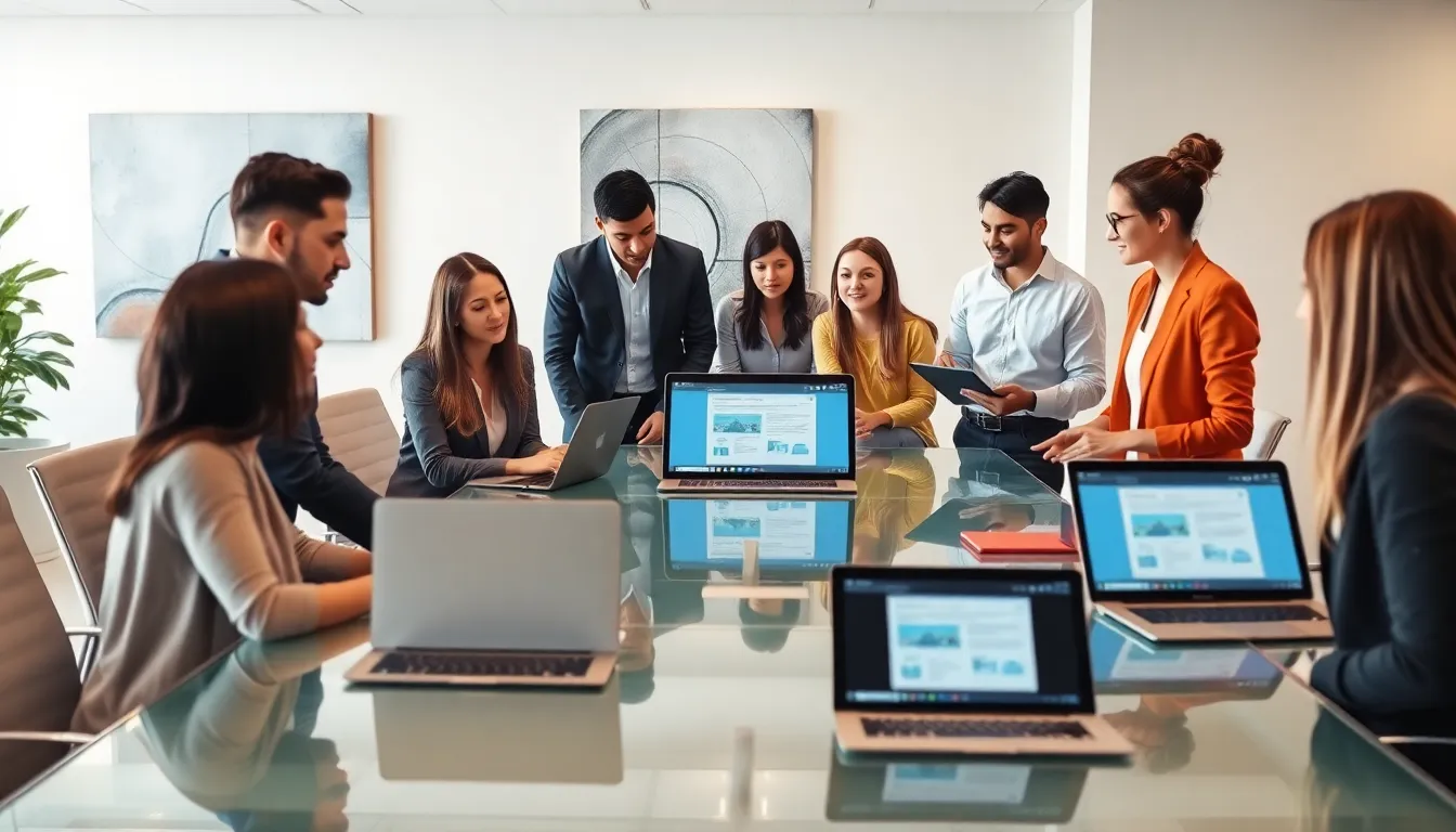 diverse team collaborating on a submission management tool in a modern office.