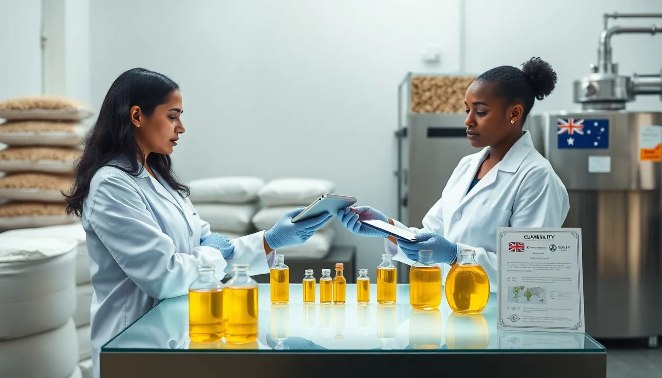 Professionals inspecting moringa oil samples in a modern production lab.