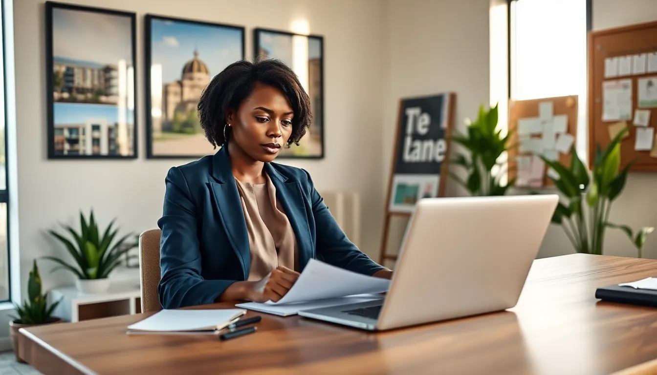 a realty manager working in an office, reviewing property documents on a laptop.