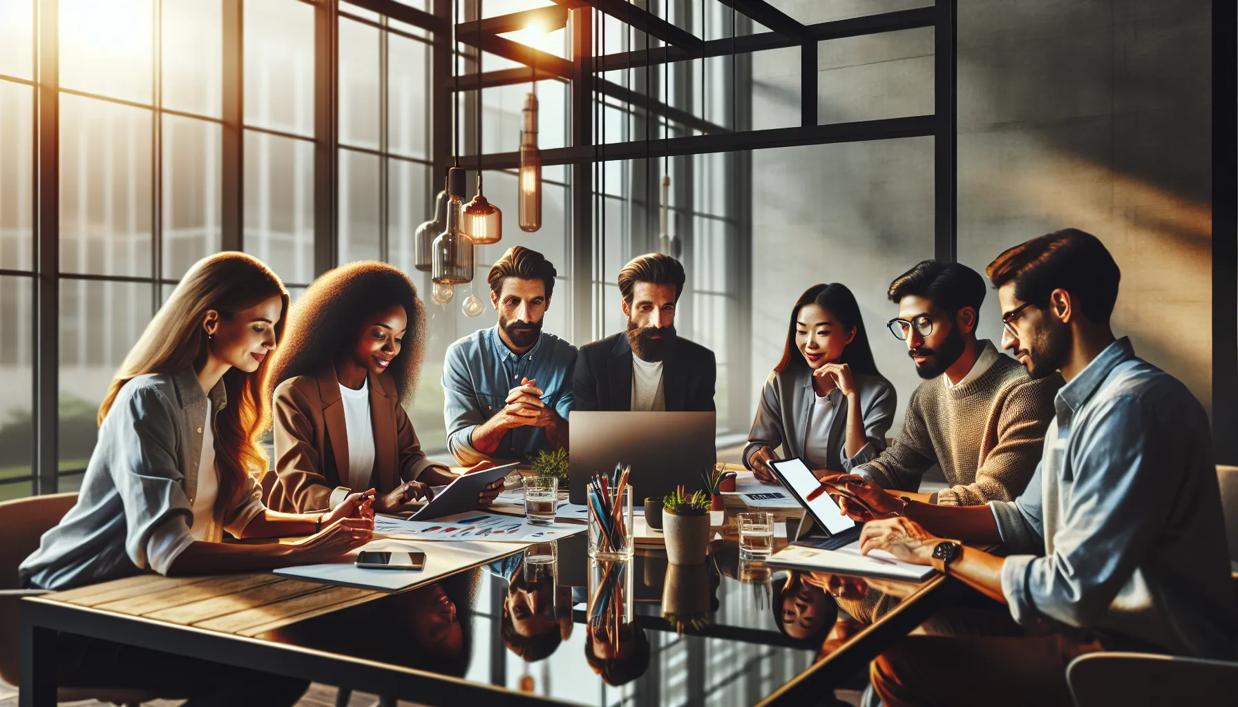diverse content creators collaborating in a modern workspace.