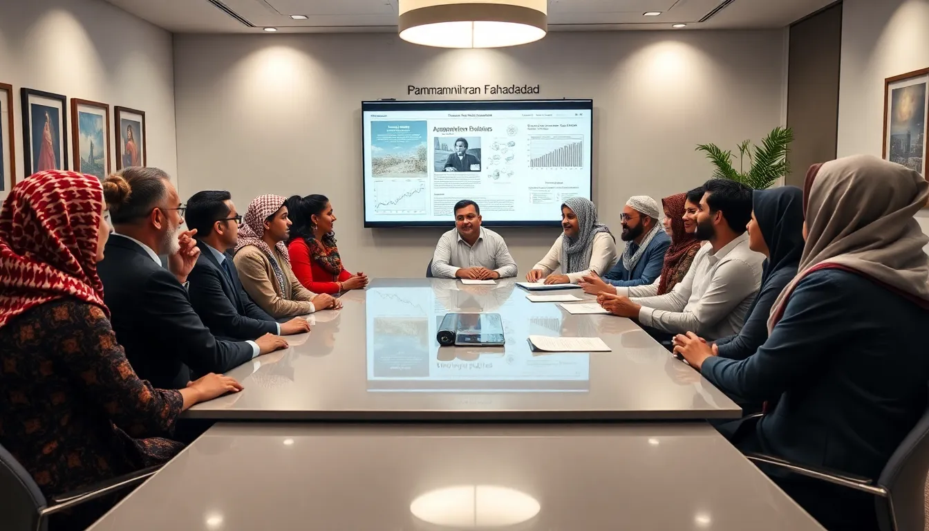 diverse scholars discussing Pammammihran Fahadahadad in a modern office.