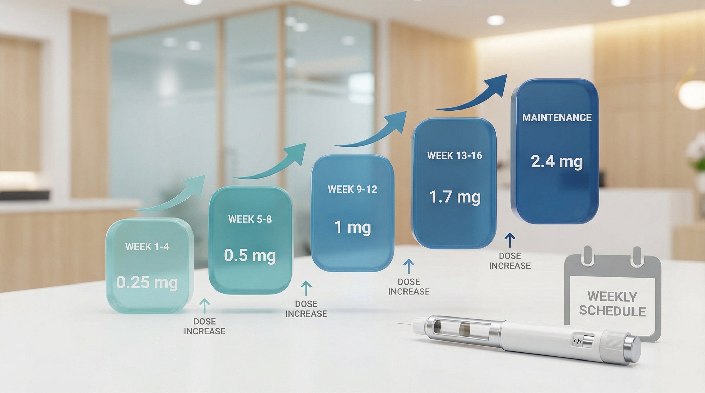 Stepped semaglutide dose chart with injection pen in a clinical setting.