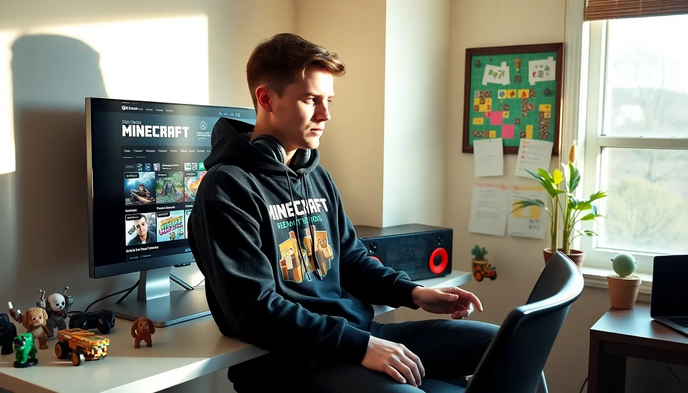 a young man focused on Minecraft content in a cozy gaming room.