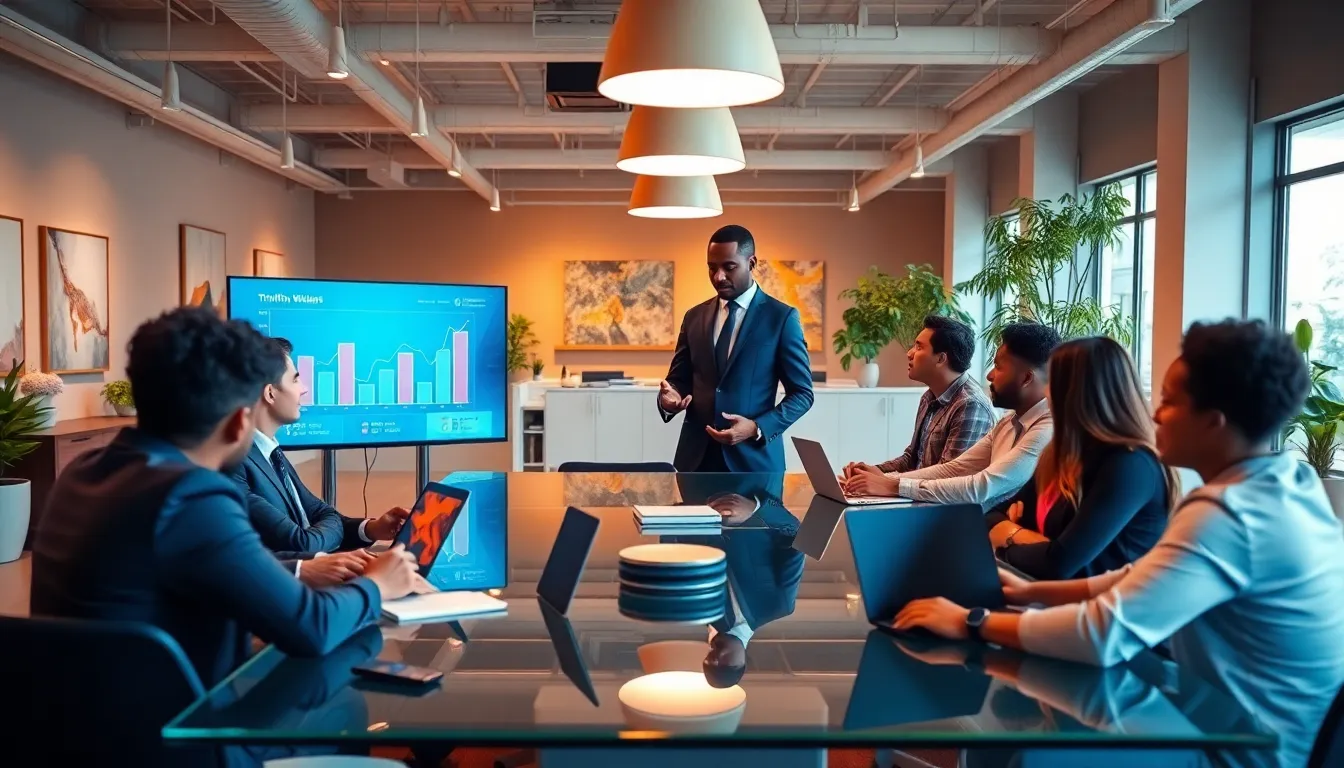 Timothy Williams leading a diverse team in a modern real estate office.