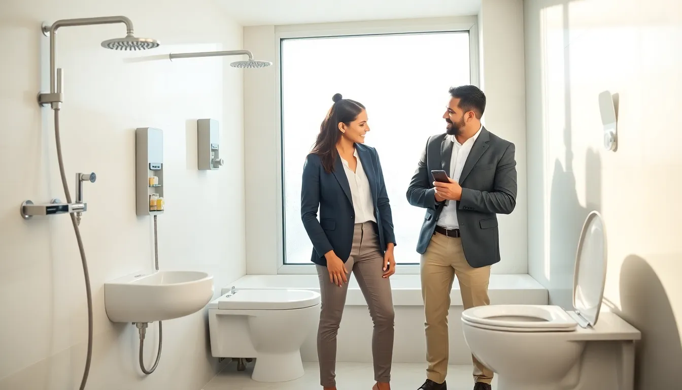 modern bathroom showcasing innovative water-saving devices with professionals discussing.