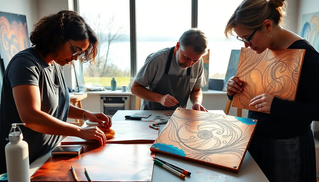 diverse artists creating copper canvas art in a modern studio.