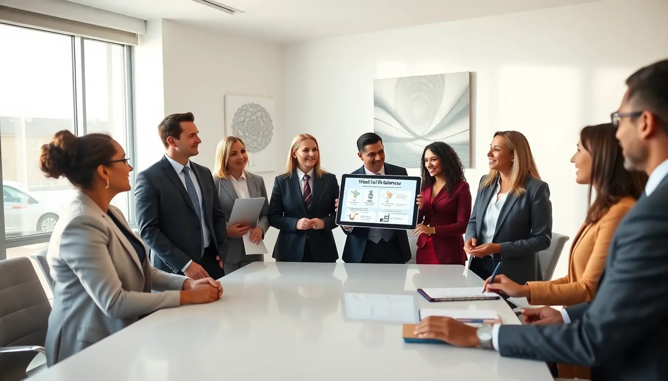 diverse attorneys discussing work-life balance strategies in a modern office.