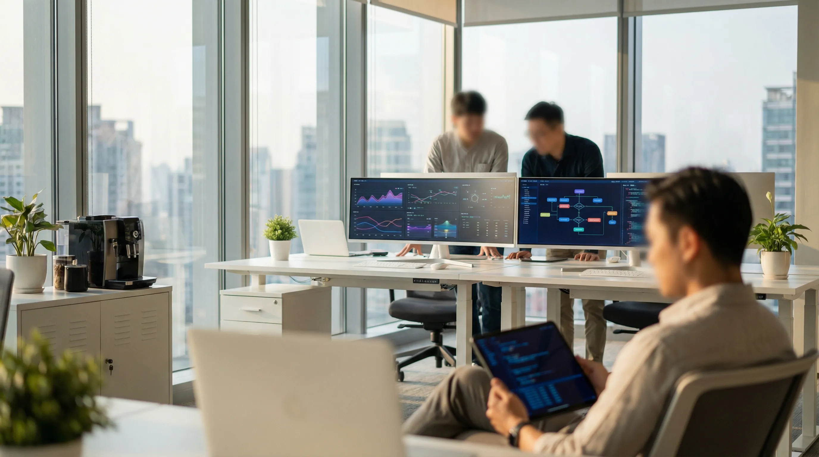Professional office scene with a small team collaborating around screens displaying data visualizations and workflow diagrams, conveying AI and workflow automation in a clean, modern setting.