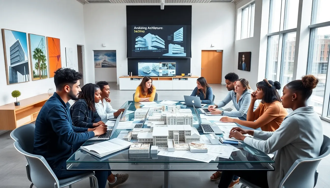 Diverse students collaborate in a modern architectural classroom.