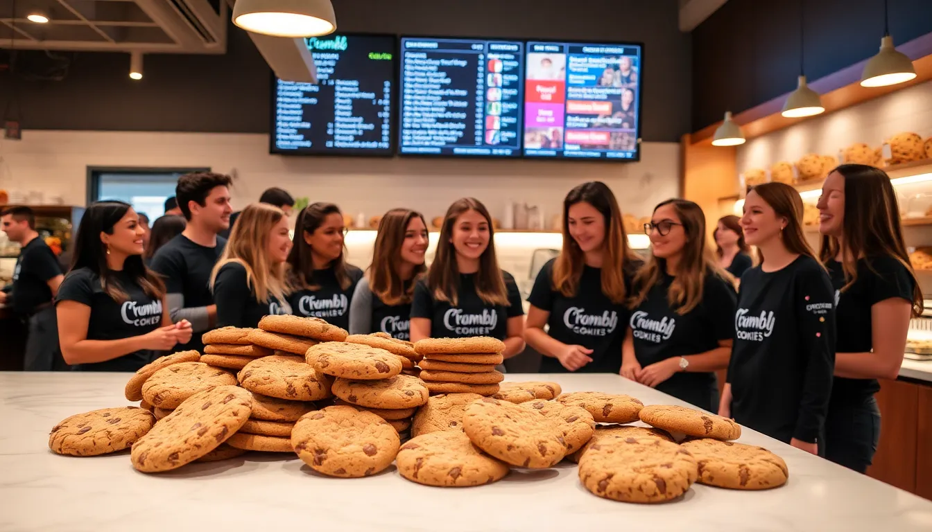 diverse customers enjoying fresh cookies in a modern Crumbl Cookies shop.