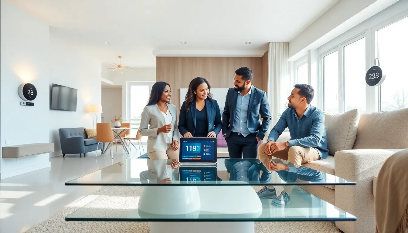 diverse professionals collaborating in a modern smart home environment.
