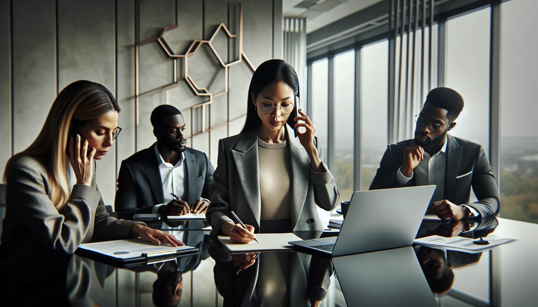 Professionals discussing phone communication in a modern office.