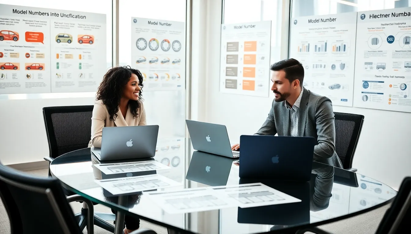 diverse team discussing product model numbers in a modern office.