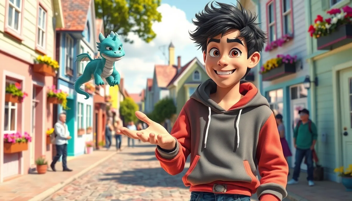 Larry Nando engaging with a whimsical creature in a colorful small town.