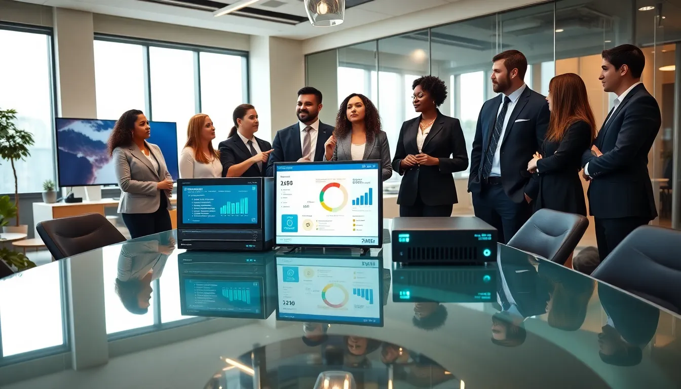 diverse team collaborating with WebBizMagnet hardware in a modern office setting.
