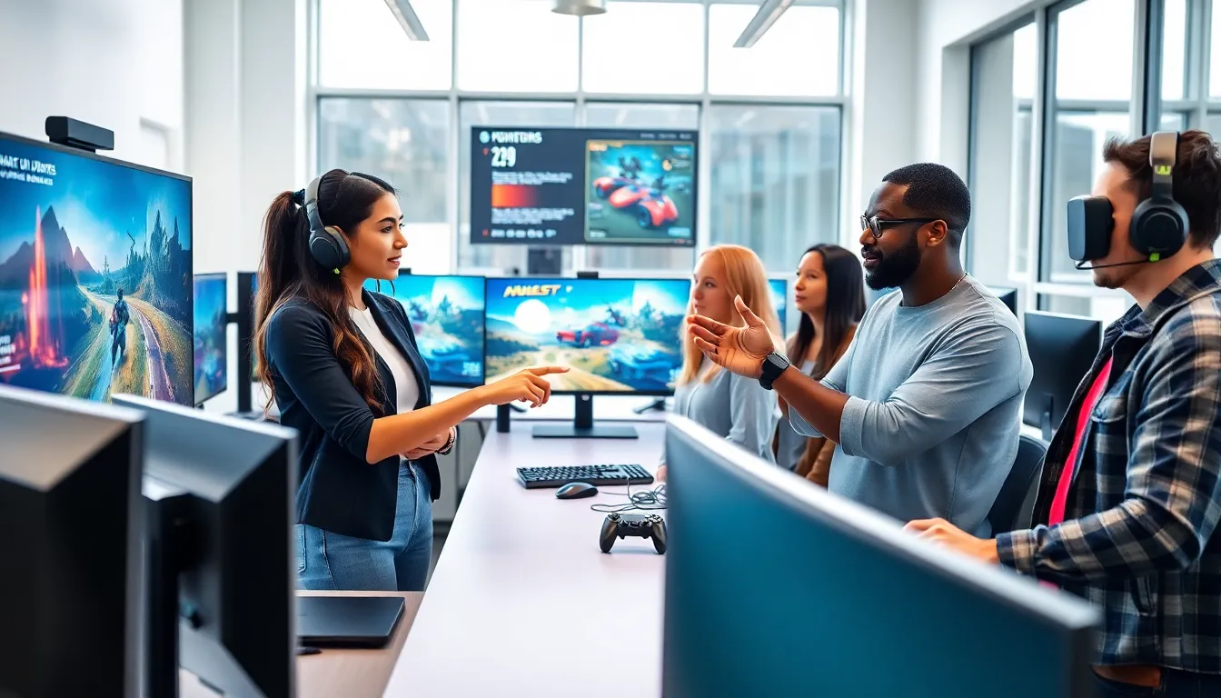 diverse team collaborating in a modern gaming workspace.