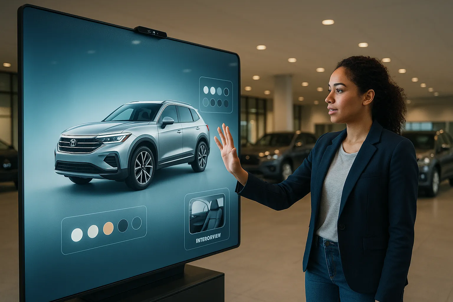 Woman using hand gestures to interact with a large 3D car display in a dealership.