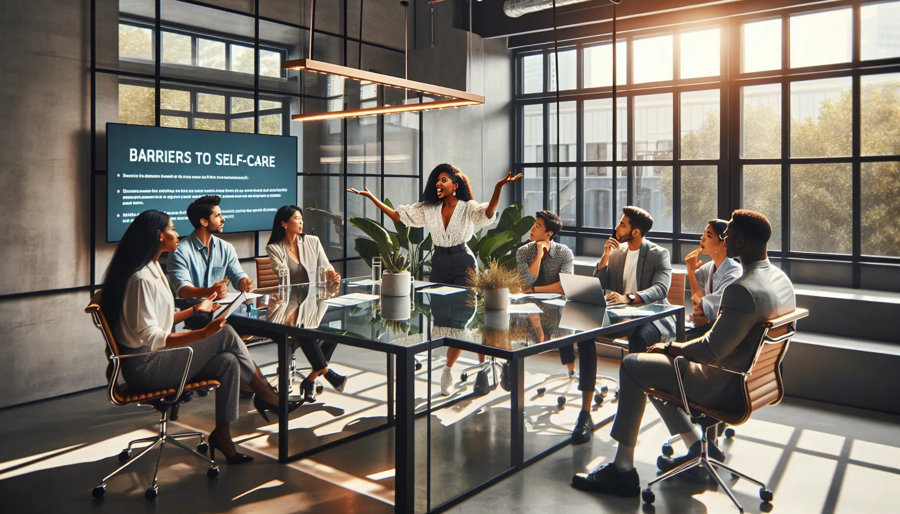 diverse professionals discussing self-care in a modern office