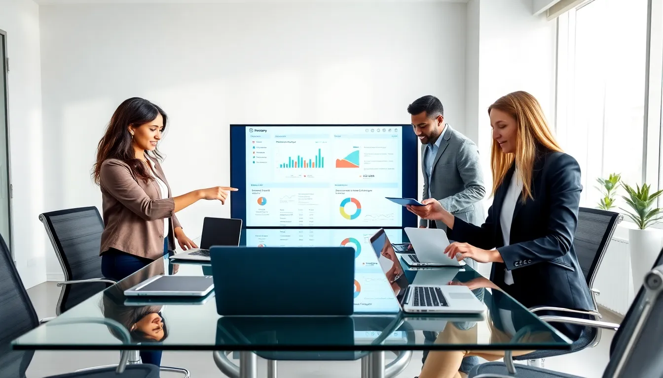 diverse team discussing WebBizMagnet features in a modern office.