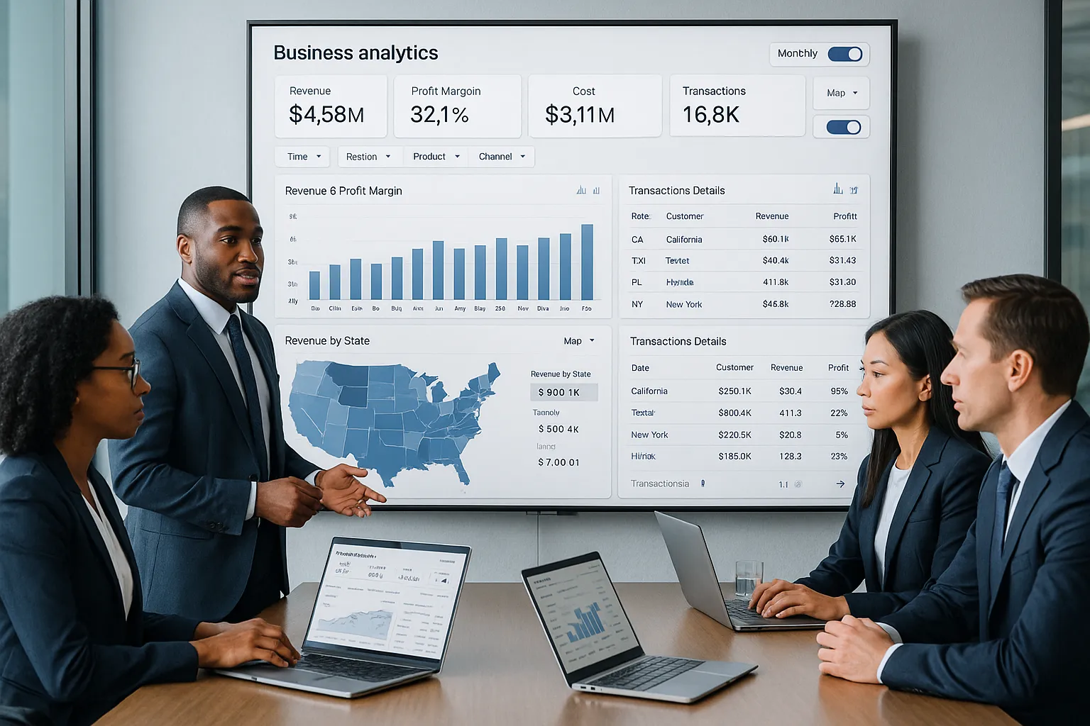 Professionals reviewing an interactive KPI dashboard in a modern office.