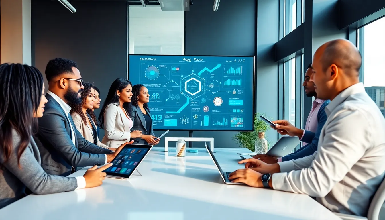 diverse professionals discussing IoT solutions in a modern office.