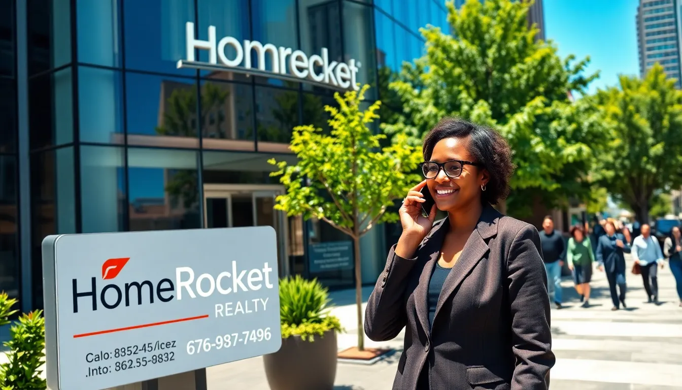 A woman in a blazer talking on the phone outside HomeRocket Realty office.